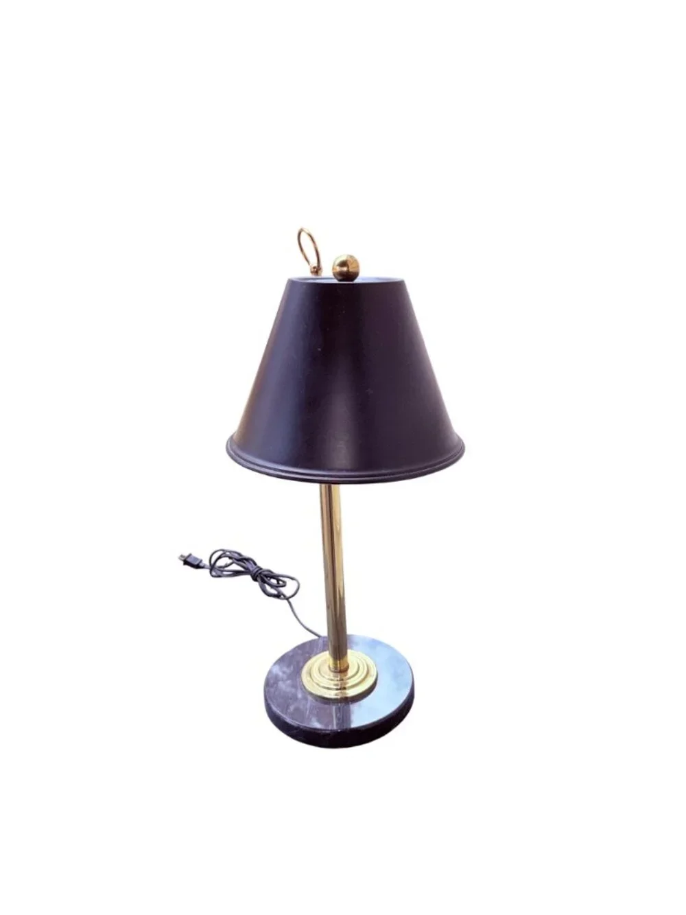 Vintage Brass Desk Lamp with Black Metal Shade and Heavy Round Marble Base - Picture 4 of 14